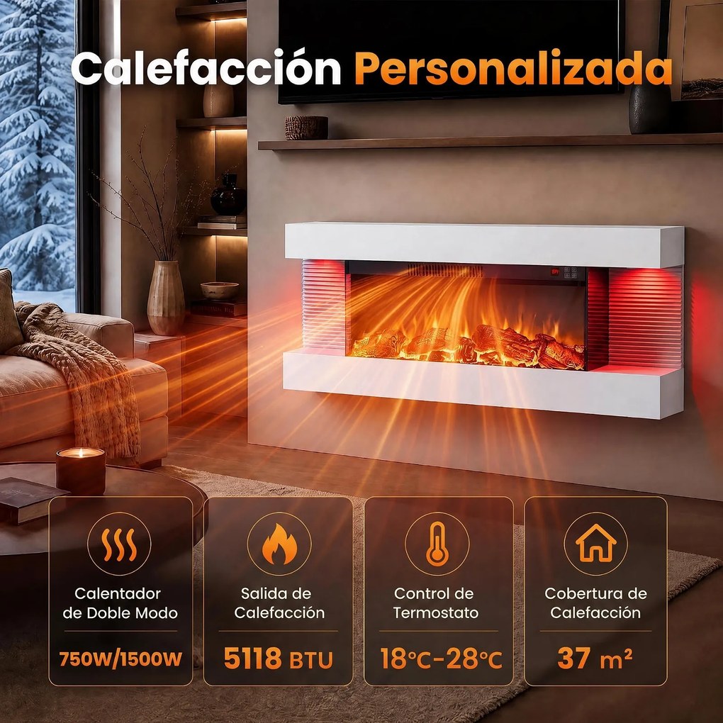Lareira Elétrica de Parede com Vista Tripla, 101,6 x 20,6 x 41,8 cm, Controlo por Wi-Fi, Branco