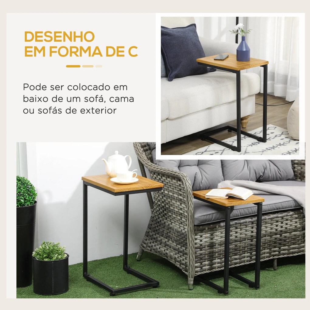 Conjunto de 2 Mesas Auxiliares de Jardim em Forma de C com Estrutura de Metal e Bancada de Madeira 40x30x60 cm e 35x24,5x52 cm Madeira e Preto