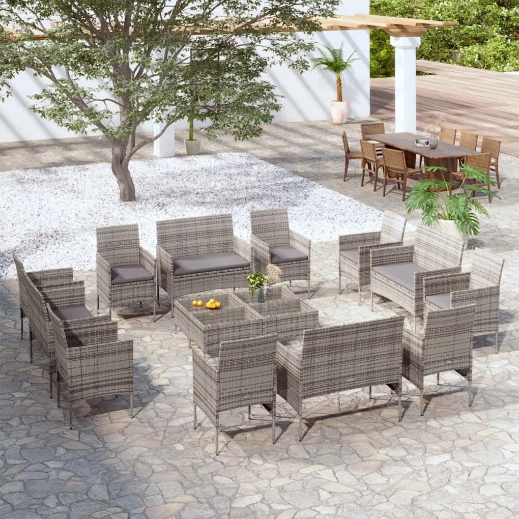 16 pcs conjunto lounge de jardim c/ almofadões vime PE cinzento