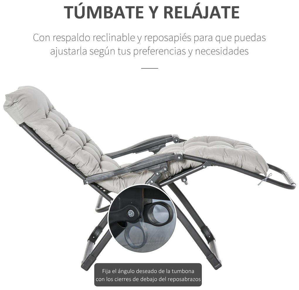 Outsunny Cadeira reclinável dobrável com almofada removível acolchoado de textilene Porta-copos para pátio jardim praia Carga 150 kg 90x65x110 cm Cinza