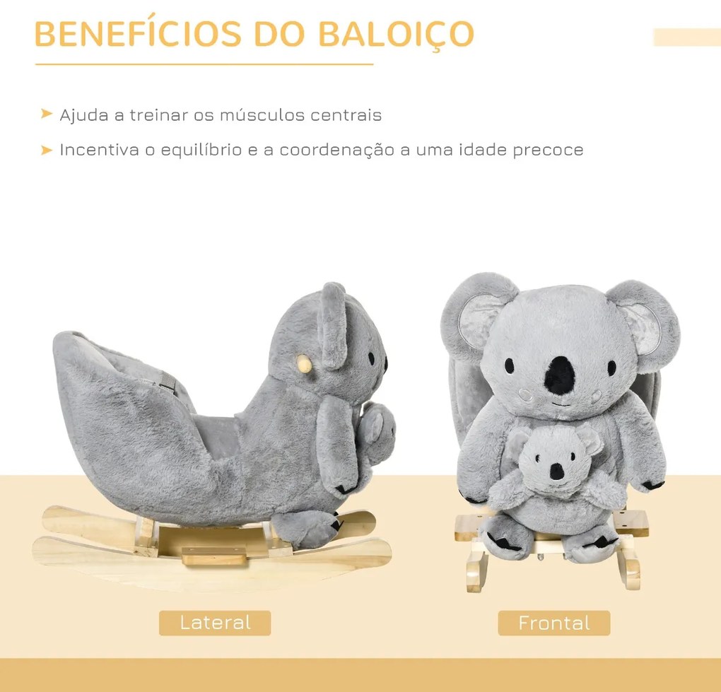 Baloiço Infantil com Forma de Coala com Fantoche para Bebés 18-36 Meses com Som Cinto de Segurança e Apoio para os Pés 60x33x50cm Cinza