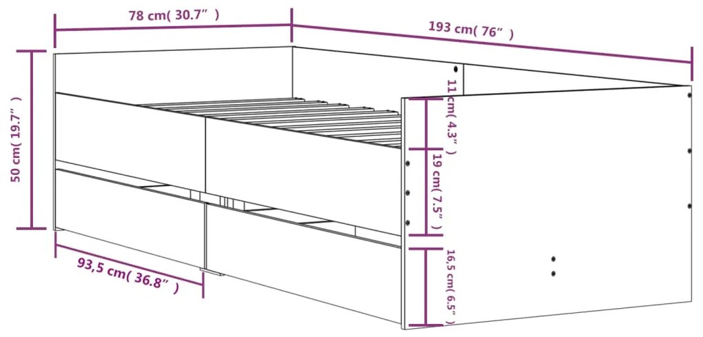 Estrutura cama de solteiro pequena c/ gavetas 75x190 cm preto