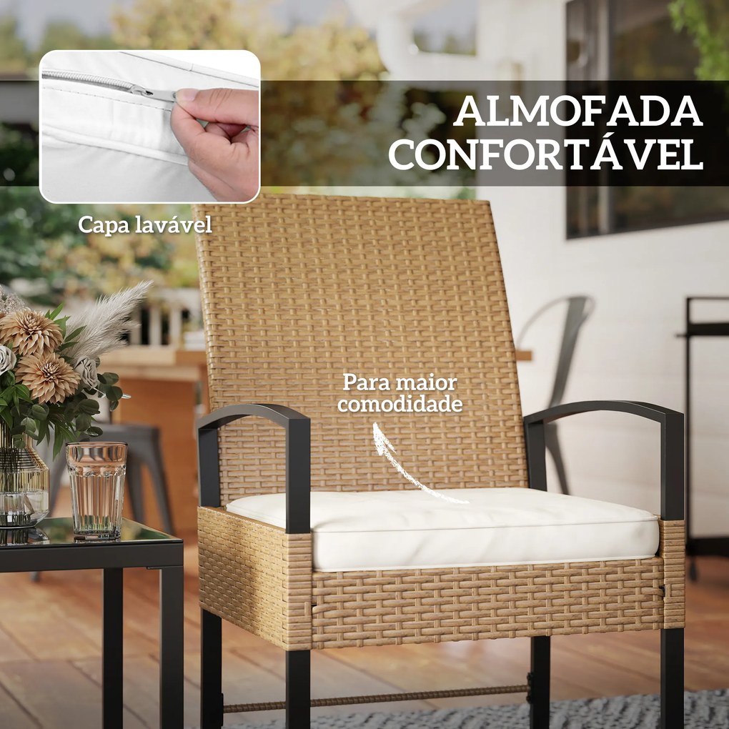 Conjunto de Jardim de 3 Peças com 2 Cadeiras e Mesa de Vime com Encosto Ajustável e Bancada de Vidro Bege e Branco