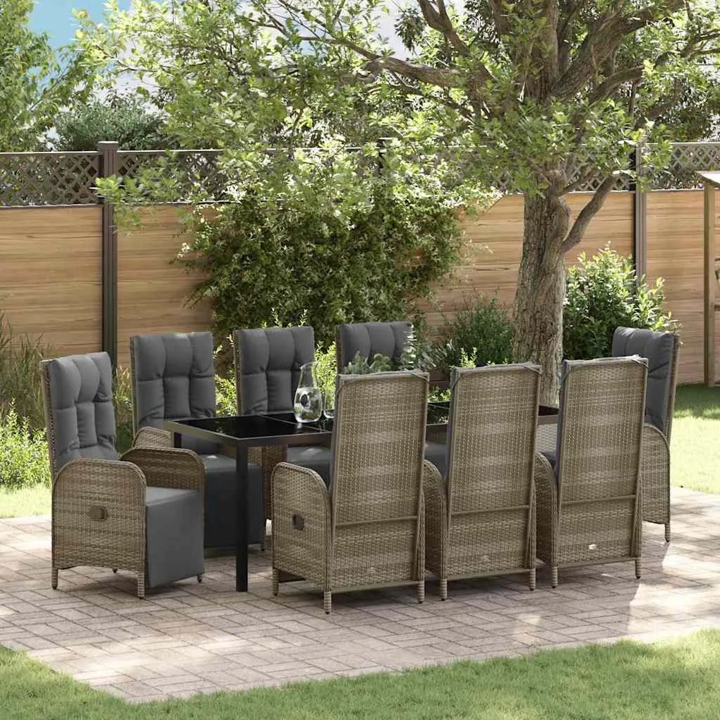 vidaXL Conjunto de Jantar de Jardim com 9 peças e almofadas de rattan polipropileno cinza.