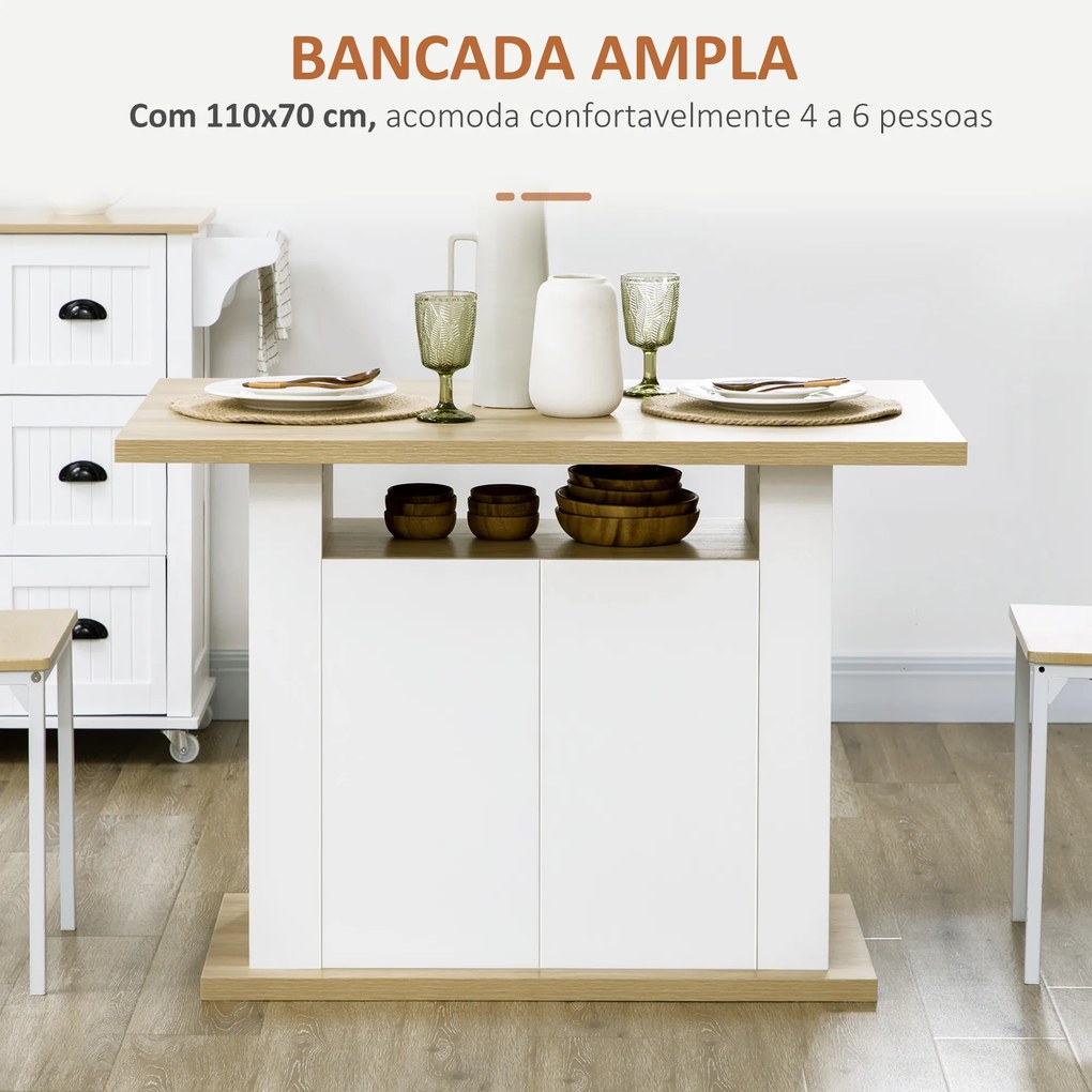 Ilha de Cozinha para 4-6 Pessoas 110x70x75,5 cm Móvel de Cozinha com 4 Portas Compartimentos Abertos  Cor Carvalho e Branco
