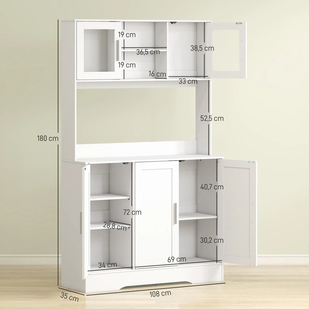 Armário de cozinha de estilo escandinavo 108 x 35 x 180 cm, compartimentos abertos, portas de vidro e bancada, branco