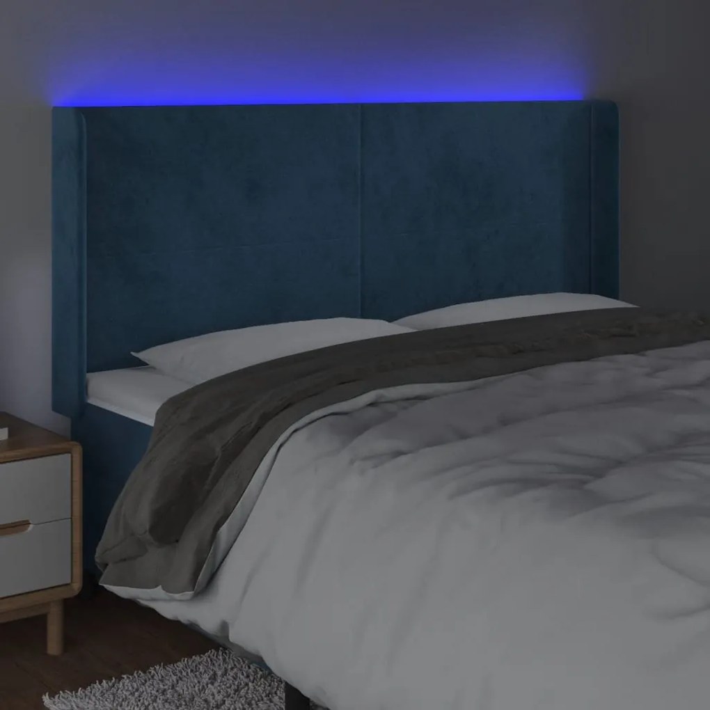 Cabeceira cama c/ luzes LED veludo 203x16x118/128cm azul-escuro