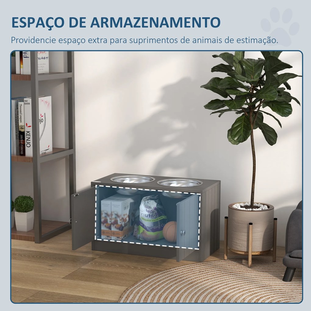 Comedouro Elevado para Cães Grandes com 2 Tigelas de 2L em Aço Inoxidável, 2 Portas e Arrumação, 60x30x35,5 cm, Cinzento