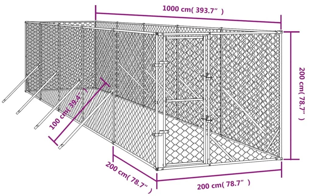 Canil de exterior 2x10x2 m aço galvanizado prateado