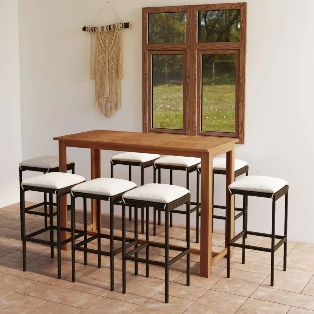 vidaXL 7 pcs conjunto de bar p/ jardim com almofadões castanho