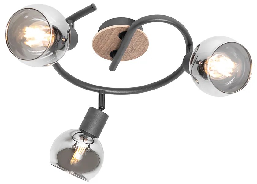 Candeeiro de teto preto 44,5 cm com vidro fumê e madeira 3 luzes - Vidro Moderno