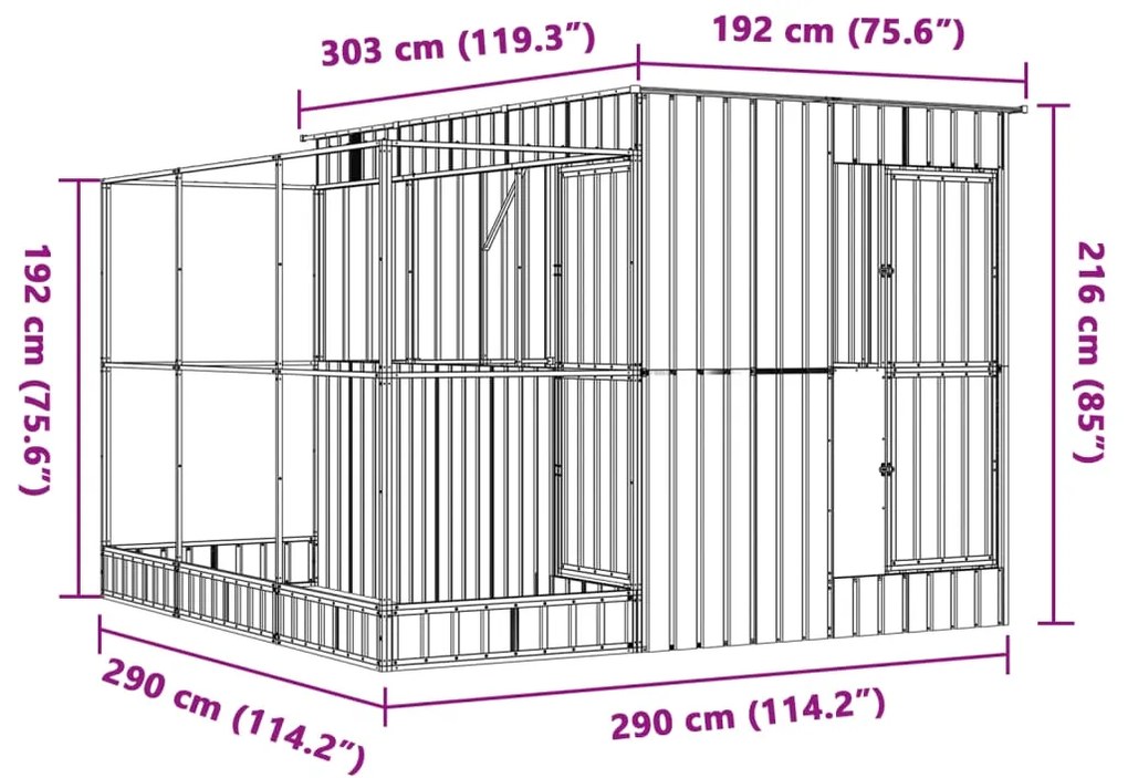 Aviário com extensão 290x303x216 cm aço prateado