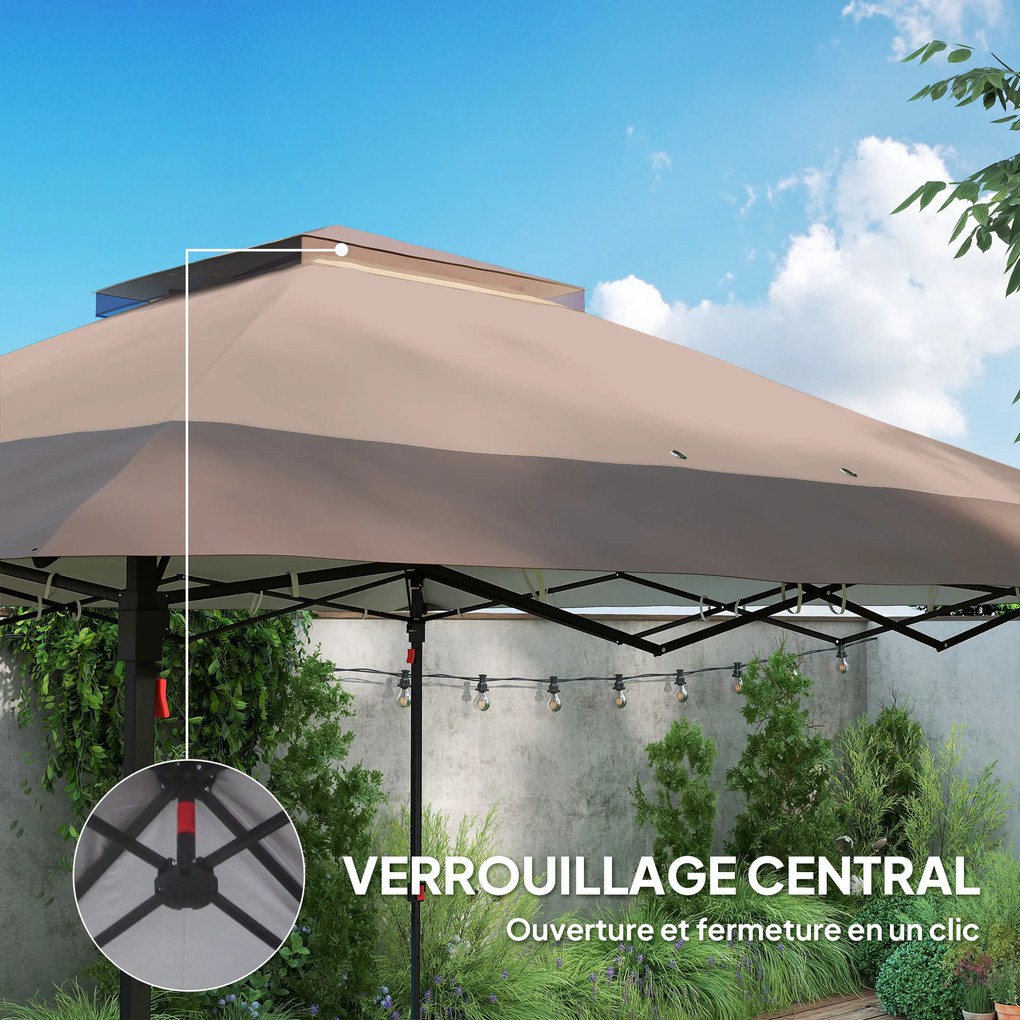 Tenda de jardim pop-up 3,64 C x 3,64 L x 2,98 A m dobrável em aço e poliéster com redes mosquiteiras + saco de transporte com rodas em cáqui e castanh