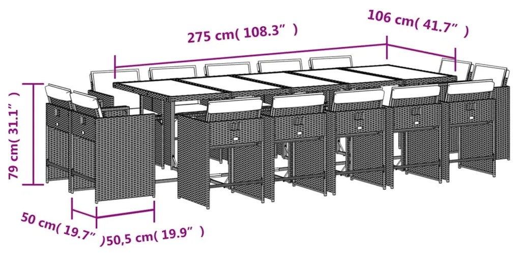 15 pcs conjunto de jantar p/ jardim com almofadões vime PE bege