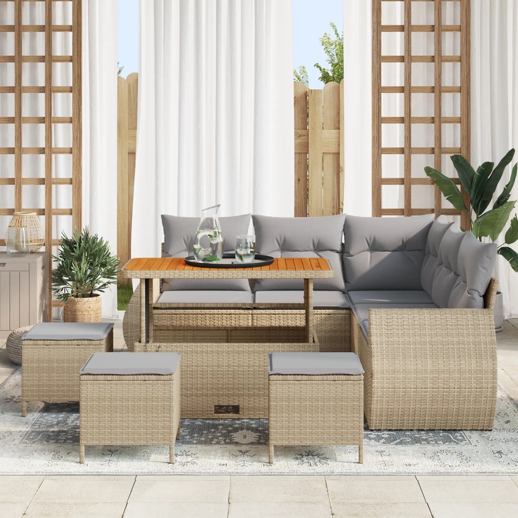Conjunto de Sofá de Jardim vidaXL 9 Peças com Almofadas Bege Rattan Po
