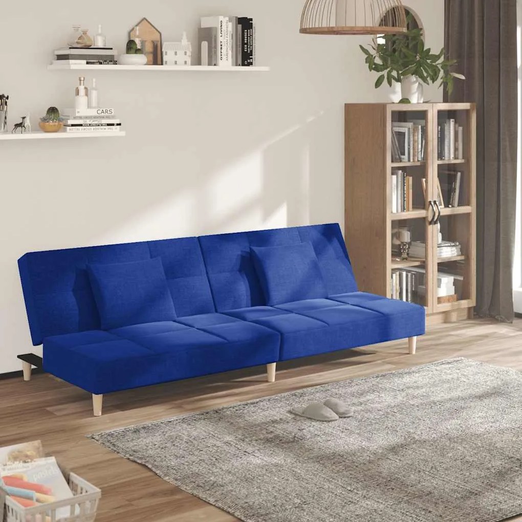 vidaXL Sofá-cama 2 lugares com duas almofadas tecido azul