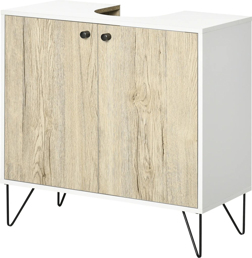 Móvel para lavatório (NÃO INCLUIDO), móvel de casa de banho com 2 portas, pés em aço, 60 x 30 x 60 cm, branco e madeira natural
