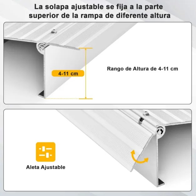 Rampa escadas cadeiras de rodas com moldura em alumínio e superfície antiderrapante Carga 317 kg para cadeiras roda 86,5 x 54 x 10,5 cm Prata