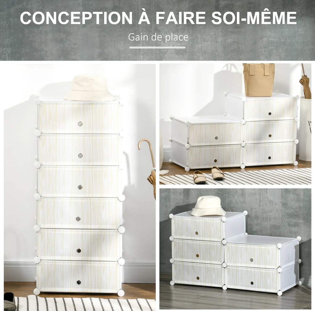 Armário modular para sapatos, móvel de arrumação com 6 cubos empilháveis em plástico, 49 x 36,5 x 108 cm, branco