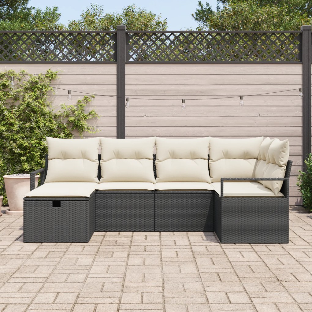 Conjunto de Sofá de 6 Peças para Jardim com Almofadas Preto Vime PE, S
