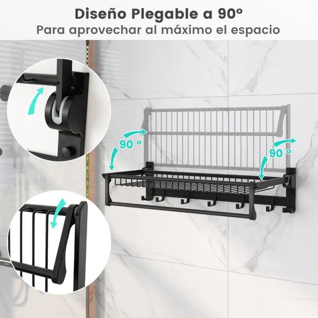 Toalheiro de casa de banho dobrável com barra ajustável e ganchos móveis Estante de alumínio resistente à ferrugem e à água 59,5 x 26 x 14 cm Preto