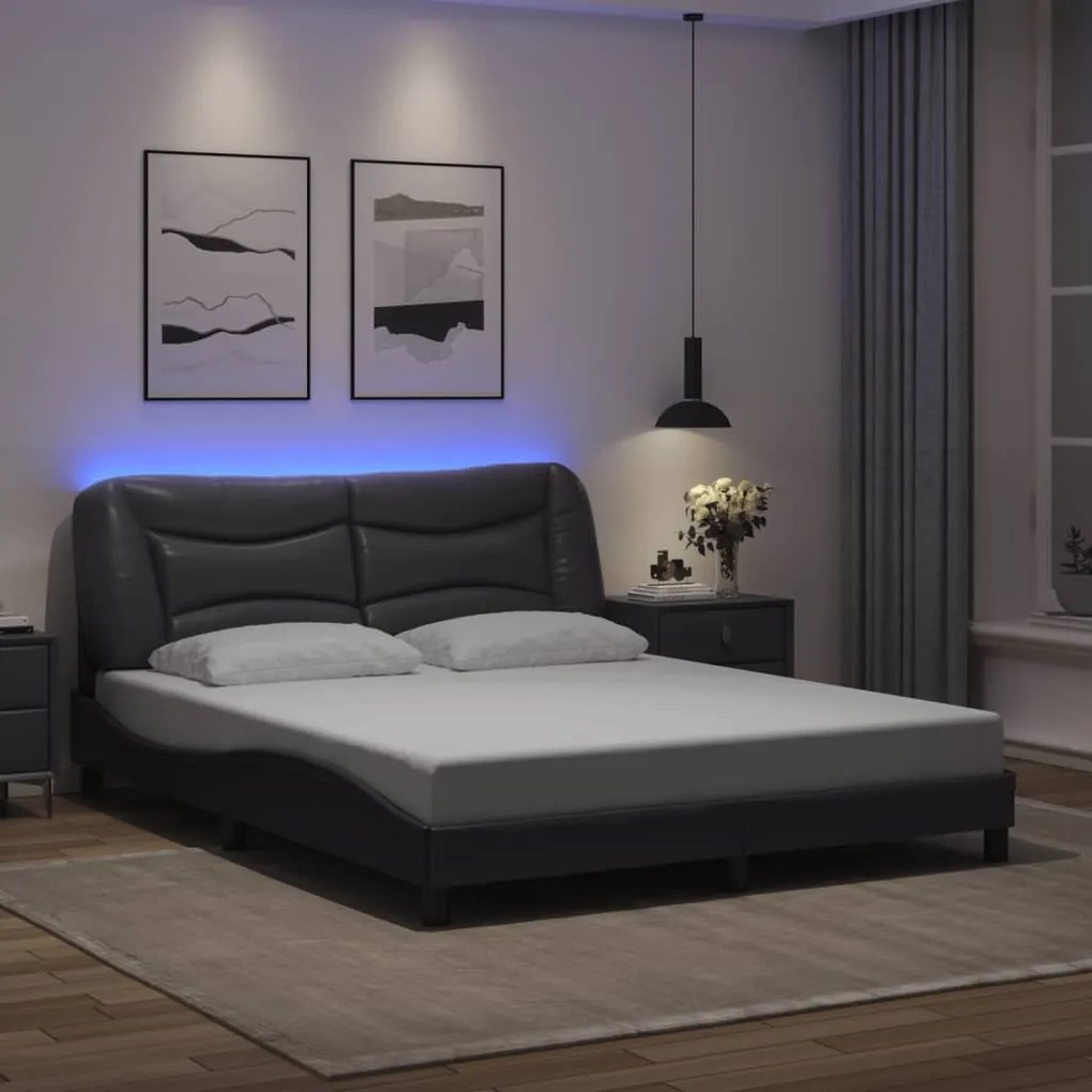 Estrutura de cama c/ luzes LED 160x200cm couro artificial cinza
