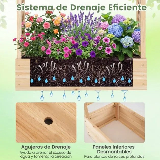 Floreira de jardim elevada em madeira com treliça 110 x 35 x 114 cm, teto suspenso, orifícios de drenagem, abeto, para plantas trepadeiras natural