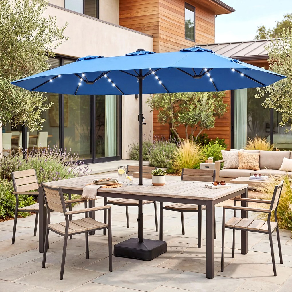 Guarda-sol duplo 460 x 285 cm com 48 luzes LED, 3 aberturas de ventilação, 12 varas, base e manivela para jardim, terraço e piscina – azul
