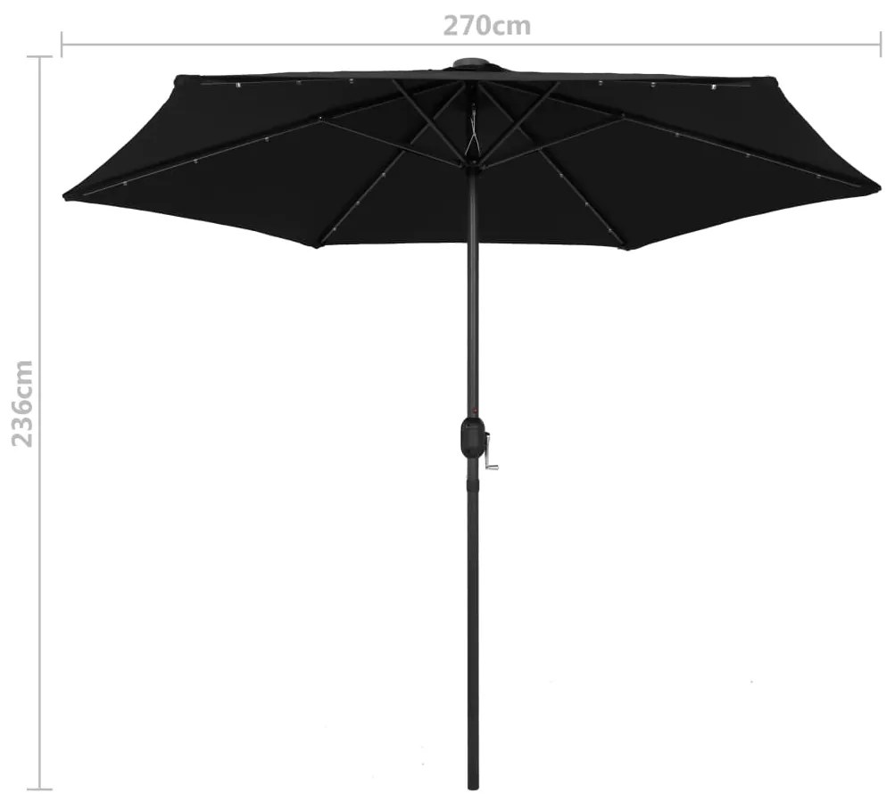 Guarda-sol de jardim c/ luzes LED/poste alumínio 270 cm preto