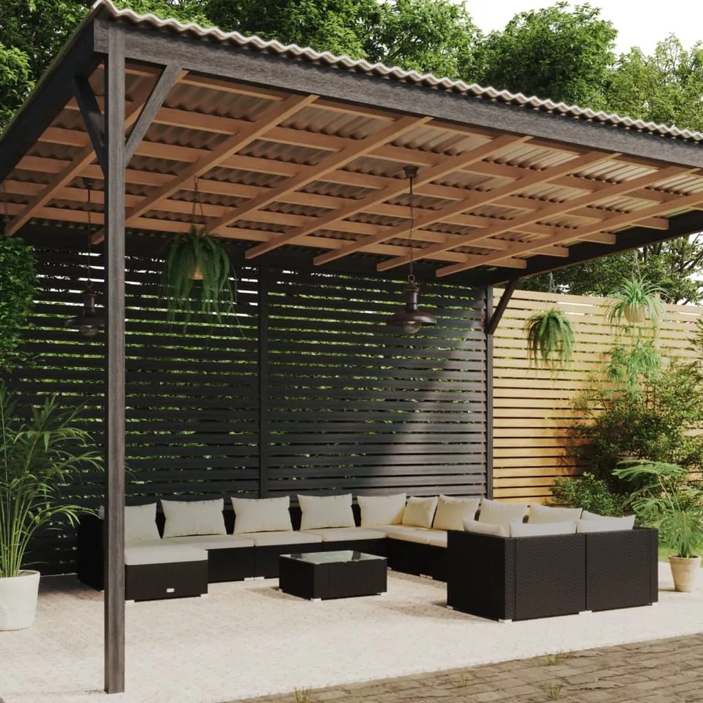 vidaXL 12 pcs conjunto lounge de jardim c/ almofadões vime PE preto