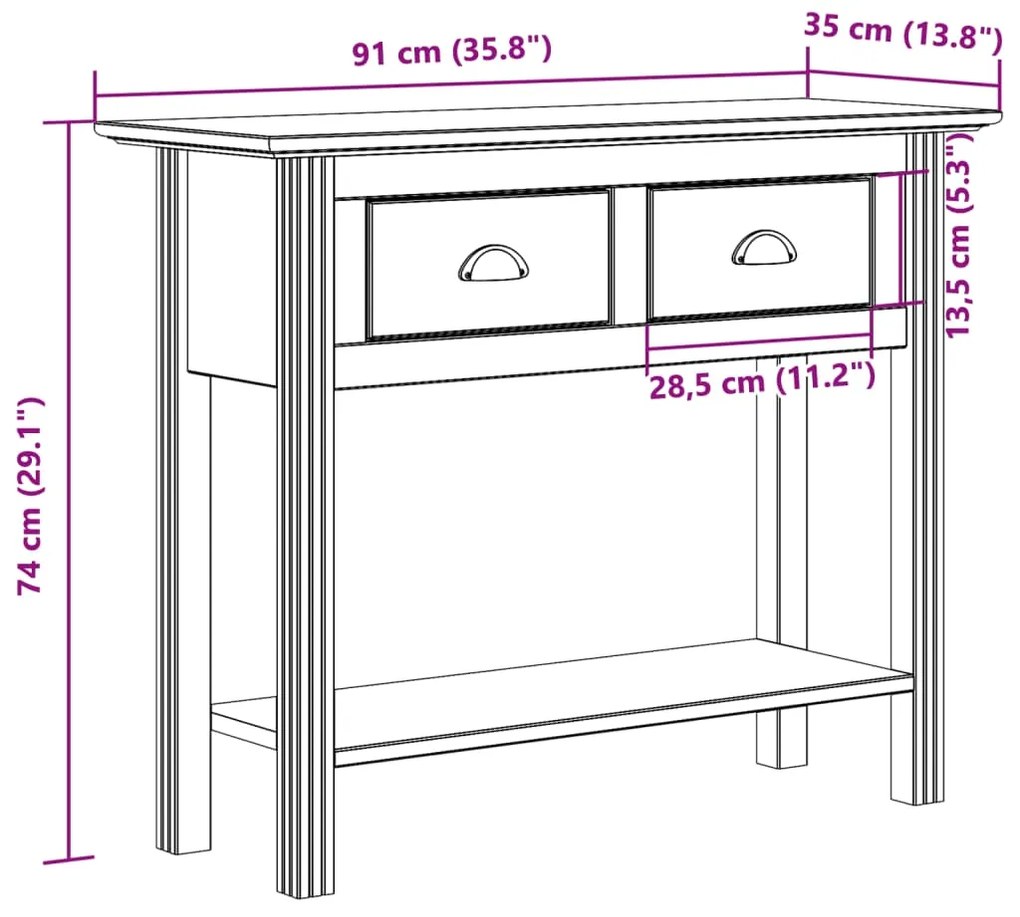 Mesa consola BODO 91x35x74 cm madeira de pinho maciça branco