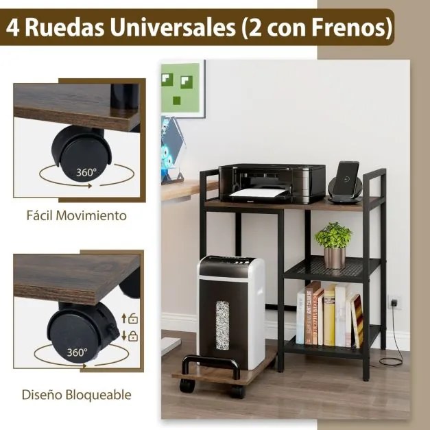 Suporte para impressora 63,5 x 40 x 72 cm com estação de carregamento de 3 níveis com rodas bloqueáveis Castanho