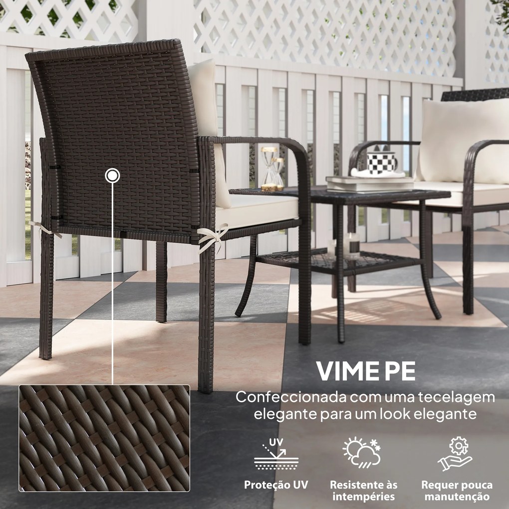 Conjunto de Jardim de 3 Peças com 2 Cadeiras e Mesa com Prateleira e Bancada de Vidro Castanho Escuro e Creme