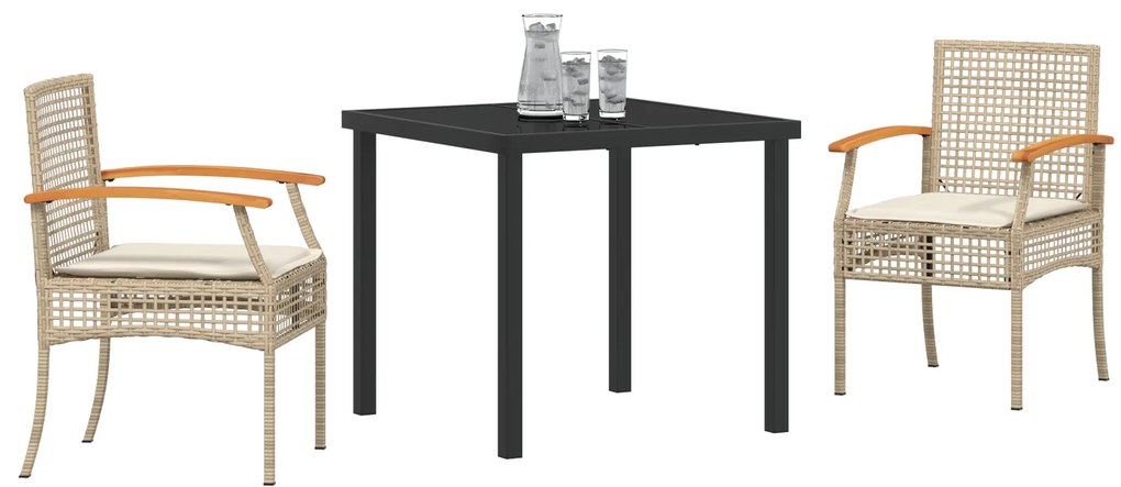 Conjunto de Jantar de Jardim 3 Peças com Almofadas Bege Rattan Polímer