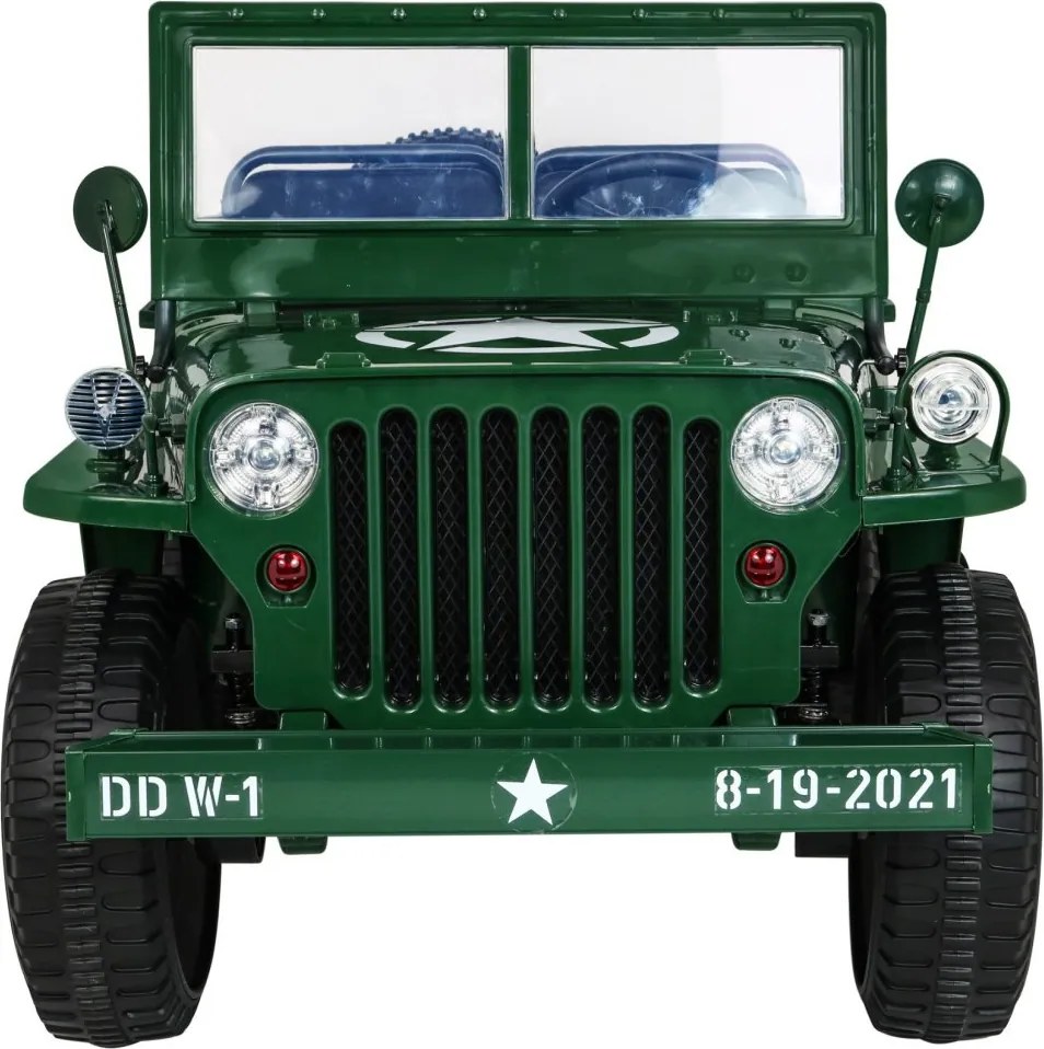 Jipe elétrico para Crianças 3 Lugares Retro Military 24V 4x4 Rodas Espuma EVA, assento couro ecológico Verde