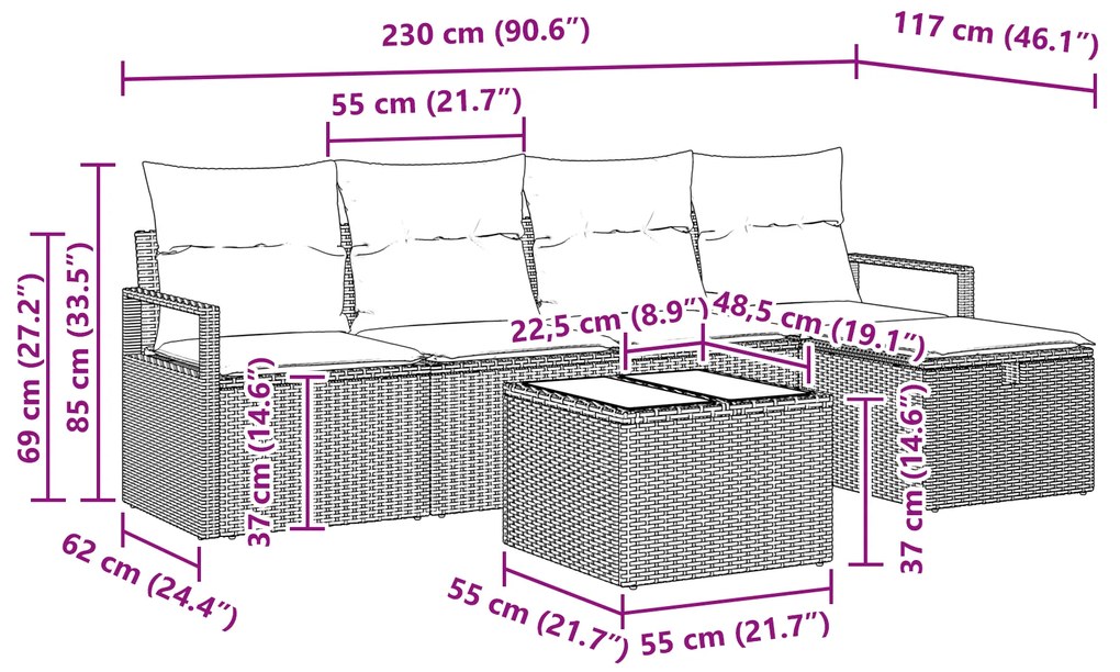 Conjunto Sofá de Jardim de 6 Peças com Almofadas Bege Rattan Poliéster