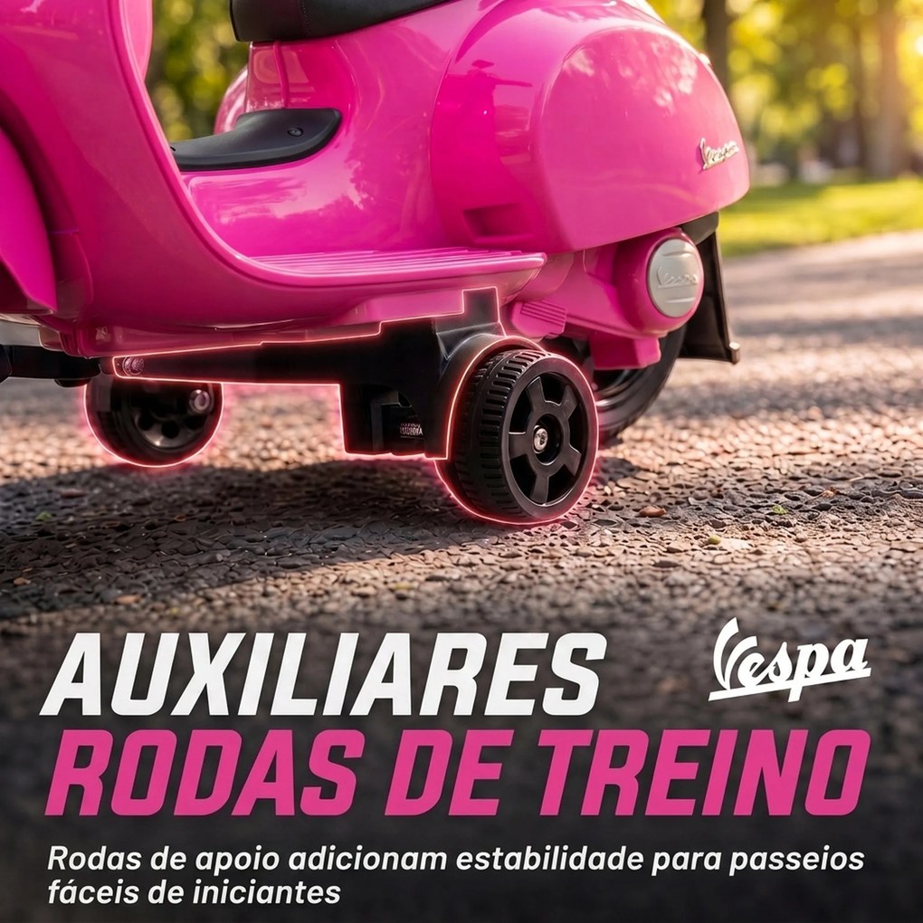 Mota Elétrica Infantil 6V para crianças 18-36 meses com Licença Mini Vespa GTS, 2 Rodas Auxiliares, Bateria de Lítio, Farol, Buzina, Encosto, Rosa