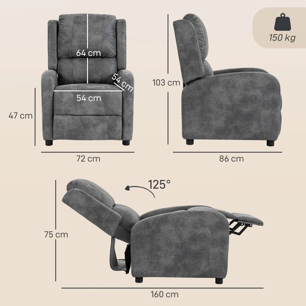 Poltrona Relax Reclinável Manual em Pele Sintética com Montagem Rápida Apoio de Pés e Acolchoamento Espesso Cinza