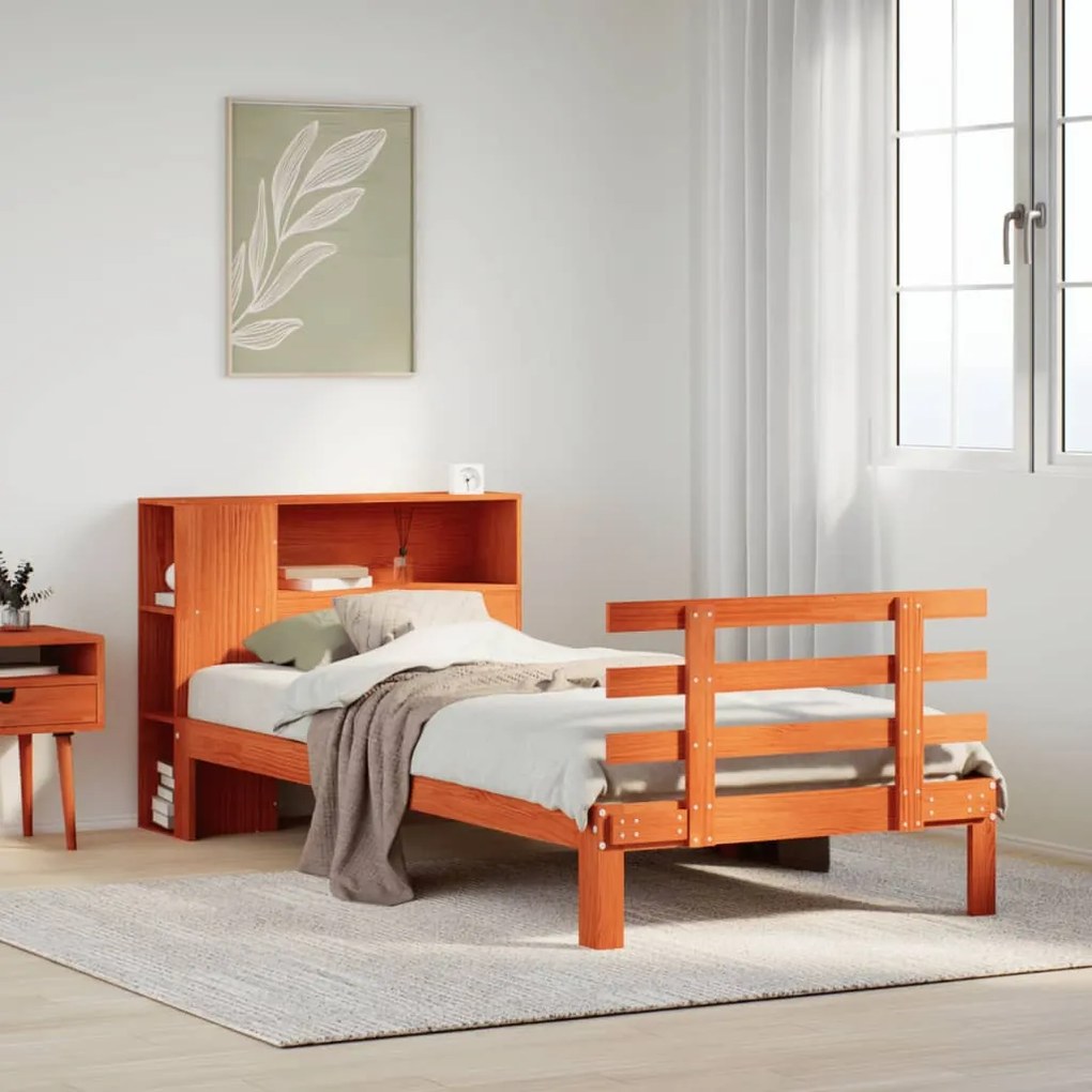 vidaXL Cama com estante sem colchão 75x190cm pinho maciço castanho-mel