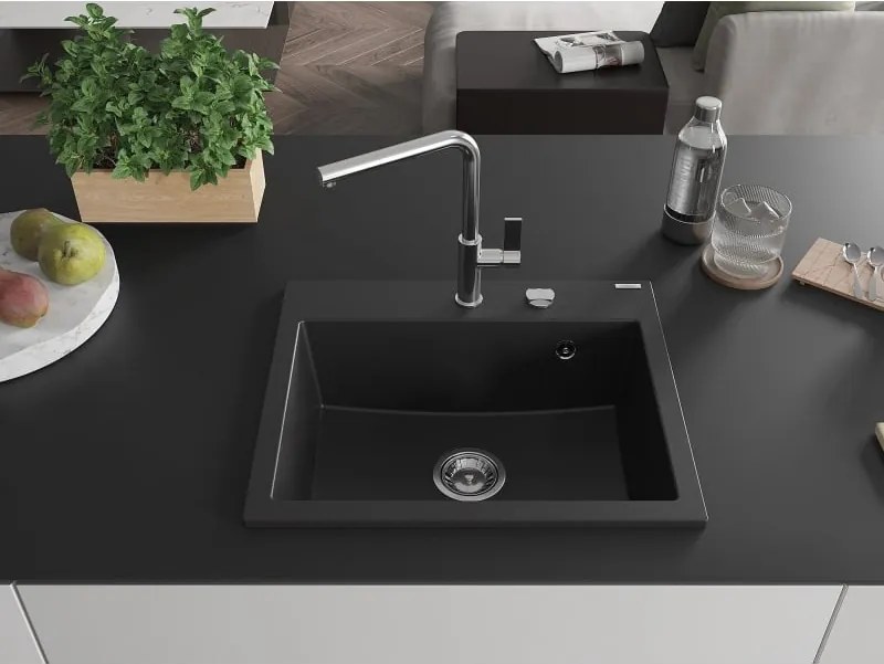 Mexen Oscar lava-loiça de granito 1-cuba 580 x 490 mm, preto, sifão cromado - 6519581000-77