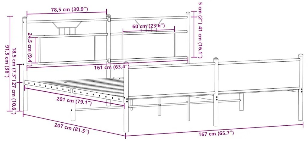 Estrutura cama sem colchão 160x200 cm metal carvalho castanho