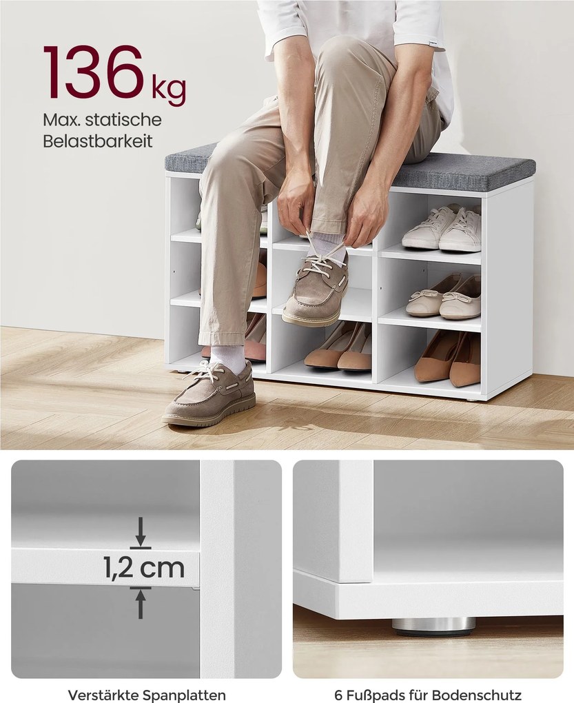 Banco spateira com almofadas e 9 compartimentos 30,3 x 78,5 x 48 cm Cinzento-branco