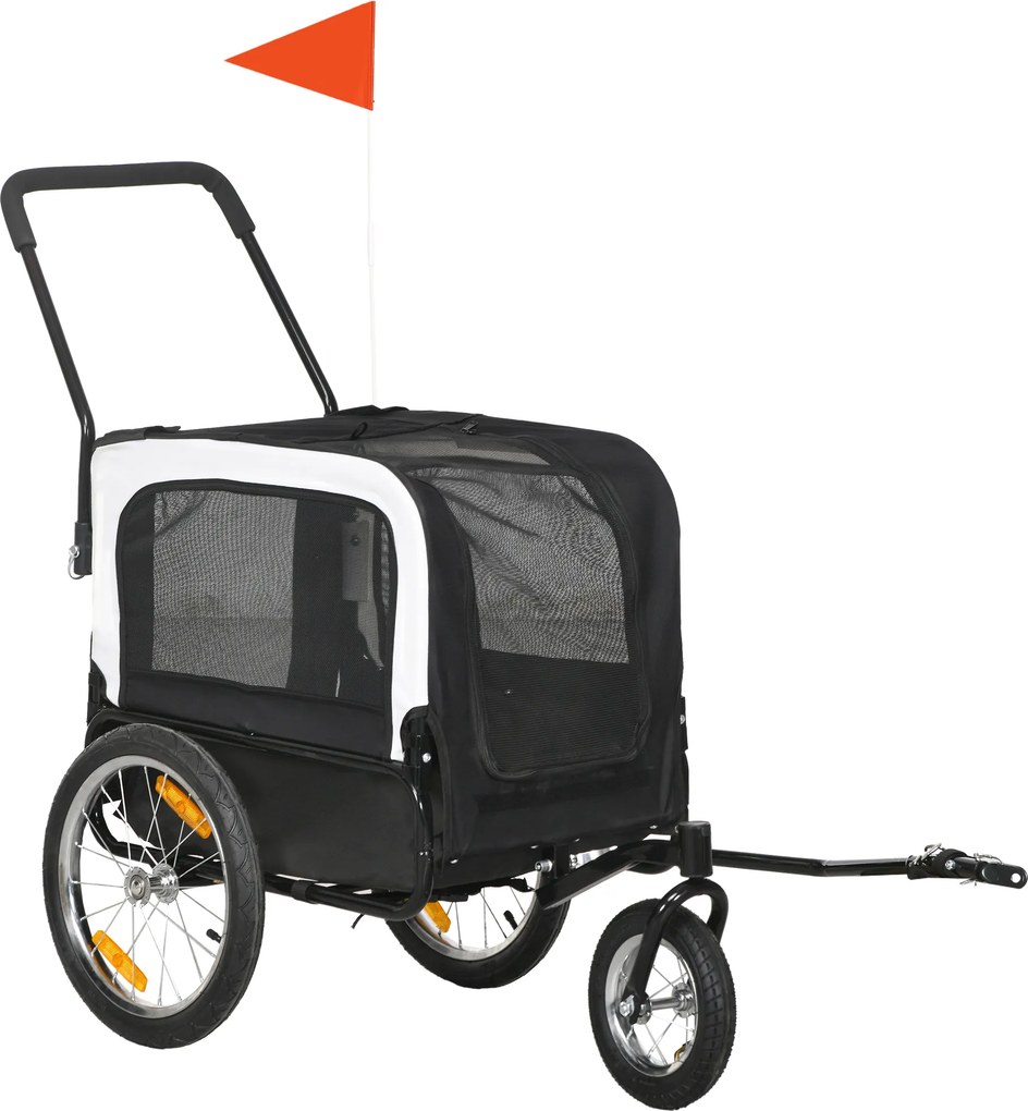 PawHut Reboque bicicleta jogger 2 em 1 para animais de estimação bandeira roda dianteira giratória refletores preto | Aosom Portugal