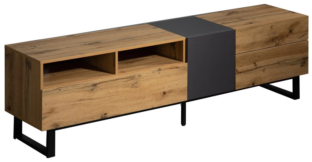 Móvel para TV Moderno Colorblocking com Veios de Madeira, Design Irregular, 180x45,5x35cm, Madeira+Preto