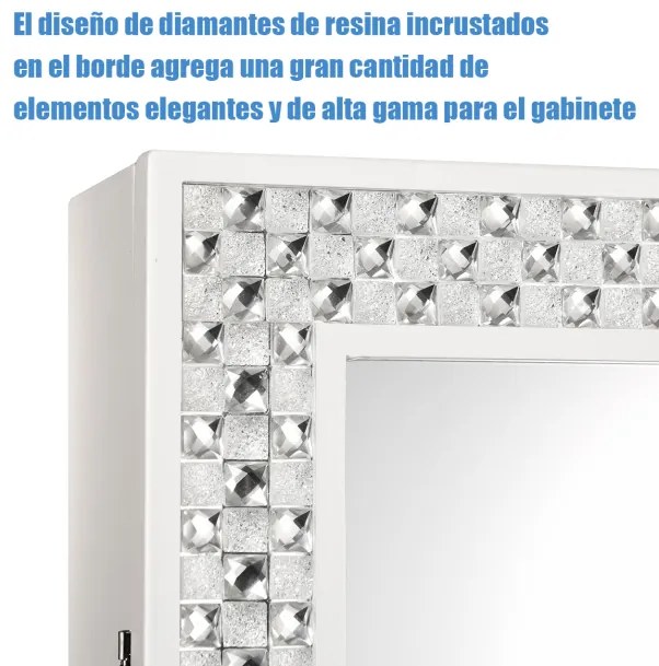 Armário de joias com espelho de corpo inteiro com ângulo ajustável Diamantes de resina Organizador de joias espaçoso 153 x 35,5 x 31,5 cm branco