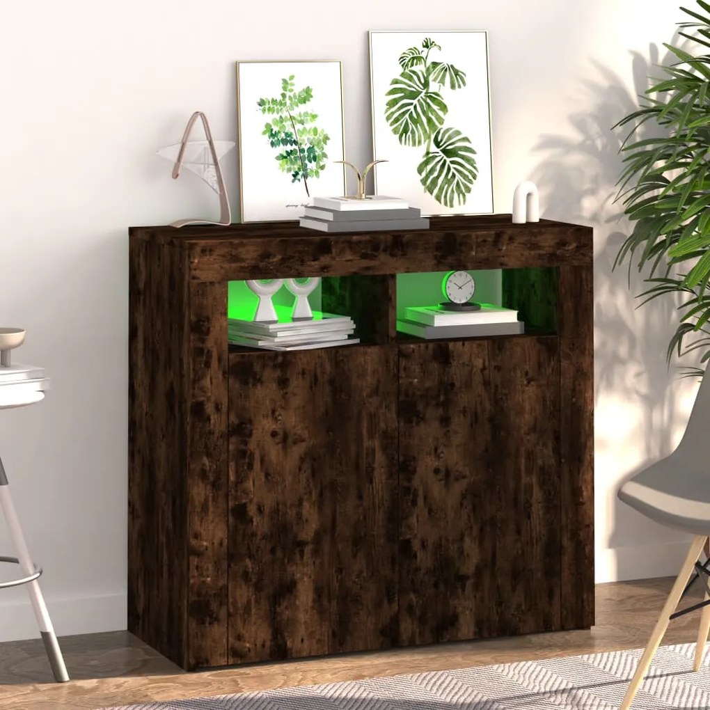 Aparador com luzes LED 80x35x75 cm carvalho fumado