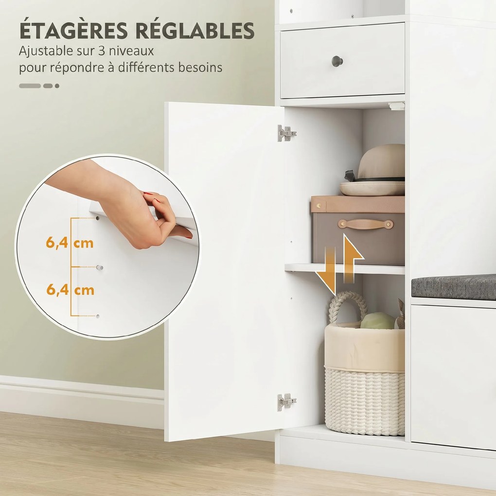 Móvel de entrada 4 em 1 100 x 30 x 180 cm, guarda-roupa de entrada com banco com espaço de arrumação, prateleira ajustável, 4 ganchos, branco