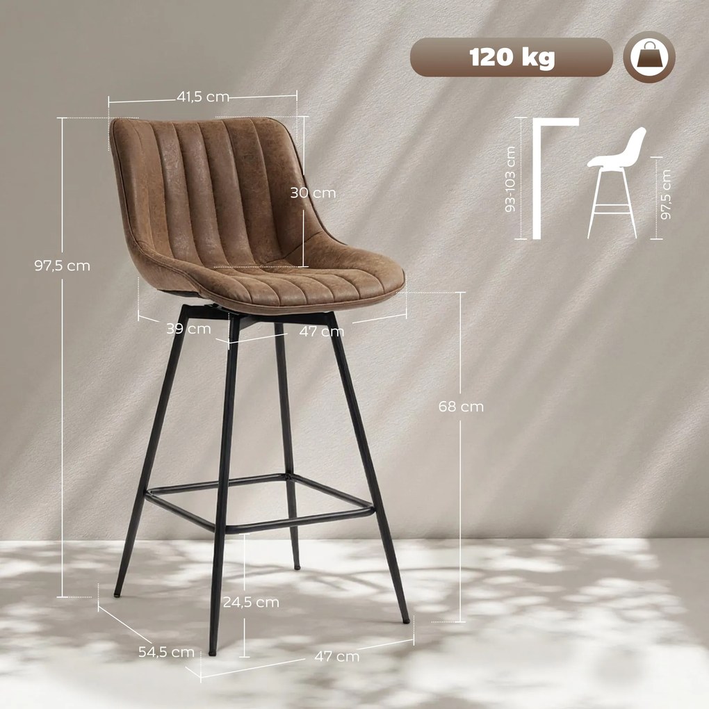 Conjunto de 2 bancos de bar, bancos de bar em PU, assento almofadado com 68 cm de altura, encosto e apoio para os pés, castanho