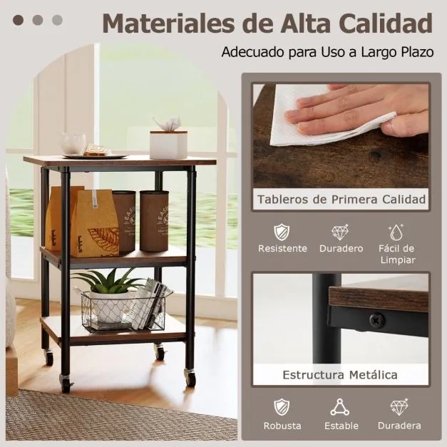 Suporte para impressora de 3 níveis 49 x 40 x 65/77 cm com 2 alturas ajustáveis Prateleiras de armazenamento Rodas universais bloqueáveis Café