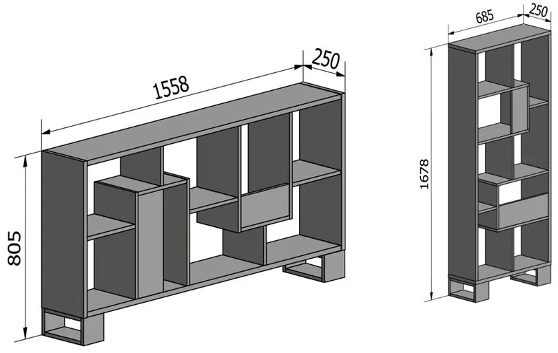 Estante de design de sala, modelo LOFT, estrutura cor Carvalho escuro, medidas: 68,5x168x25cm de profundidade